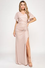Load image into Gallery viewer, Metallic V-Neck Flutter Sleeve Evening Gown with Ruched Waist and High Slit Wholesale Formal Dress By LAF5329