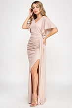 Load image into Gallery viewer, Metallic V-Neck Flutter Sleeve Evening Gown with Ruched Waist and High Slit Wholesale Formal Dress By LAF5329