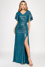 Load image into Gallery viewer, Metallic V-Neck Flutter Sleeve Evening Gown with Ruched Waist and High Slit Wholesale Formal Dress By LAF5329