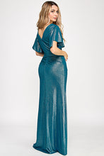 Load image into Gallery viewer, Metallic V-Neck Flutter Sleeve Evening Gown with Ruched Waist and High Slit Wholesale Formal Dress By LAF5329