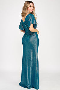 Metallic V-Neck Flutter Sleeve Evening Gown with Ruched Waist and High Slit Wholesale Formal Dress By LAF5329