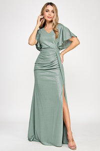 Metallic V-Neck Flutter Sleeve Evening Gown with Ruched Waist and High Slit Wholesale Formal Dress By LAF5329