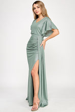 Load image into Gallery viewer, Metallic V-Neck Flutter Sleeve Evening Gown with Ruched Waist and High Slit Wholesale Formal Dress By LAF5329