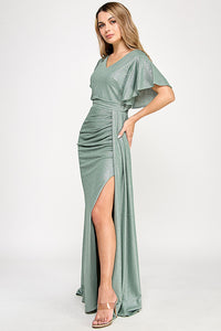Metallic V-Neck Flutter Sleeve Evening Gown with Ruched Waist and High Slit Wholesale Formal Dress By LAF5329