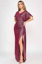 Load image into Gallery viewer, Metallic V-Neck Flutter Sleeve Evening Gown with Ruched Waist and High Slit Wholesale Formal Dress By LAF5329