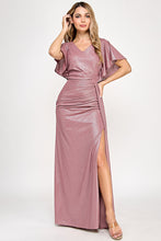 Load image into Gallery viewer, Metallic V-Neck Flutter Sleeve Evening Gown with Ruched Waist and High Slit Wholesale Formal Dress By LAF5329