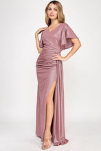 Load image into Gallery viewer, Metallic V-Neck Flutter Sleeve Evening Gown with Ruched Waist and High Slit Wholesale Formal Dress By LAF5329