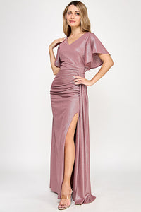 Metallic V-Neck Flutter Sleeve Evening Gown with Ruched Waist and High Slit Wholesale Formal Dress By LAF5329