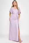 Load image into Gallery viewer, Metallic V-Neck Flutter Sleeve Evening Gown with Ruched Waist and High Slit Wholesale Formal Dress By LAF5329 - LILAC - Dress LAF