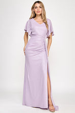 Load image into Gallery viewer, Metallic V-Neck Flutter Sleeve Evening Gown with Ruched Waist and High Slit Wholesale Formal Dress By LAF5329