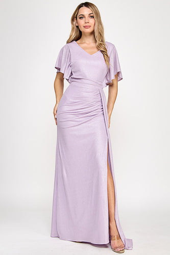 Metallic V-Neck Flutter Sleeve Evening Gown with Ruched Waist and High Slit Wholesale Formal Dress By LAF5329