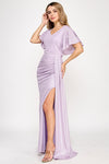 Load image into Gallery viewer, Metallic V-Neck Flutter Sleeve Evening Gown with Ruched Waist and High Slit Wholesale Formal Dress By LAF5329 - - Dress LAF