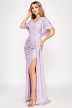 Load image into Gallery viewer, Metallic V-Neck Flutter Sleeve Evening Gown with Ruched Waist and High Slit Wholesale Formal Dress By LAF5329