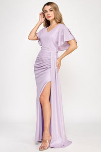 Metallic V-Neck Flutter Sleeve Evening Gown with Ruched Waist and High Slit Wholesale Formal Dress By LAF5329