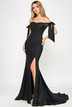 Load image into Gallery viewer, Wholesale Off-Shoulder Satin Mermaid Gown with Bow Tie Straps and Thigh-High Slit for Formal Events By LAF8358