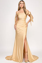 Load image into Gallery viewer, Wholesale Off-Shoulder Satin Mermaid Gown with Bow Tie Straps and Thigh-High Slit for Formal Events By LAF8358