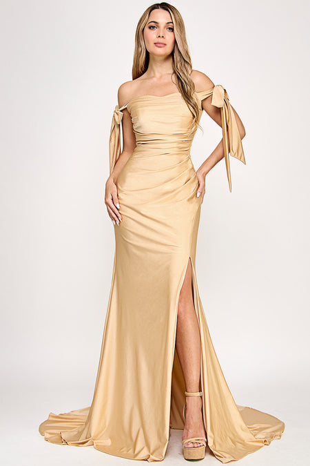 Wholesale Off-Shoulder Satin Mermaid Gown with Bow Tie Straps and Thigh-High Slit for Formal Events By LAF8358