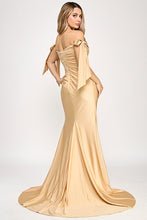 Load image into Gallery viewer, Wholesale Off-Shoulder Satin Mermaid Gown with Bow Tie Straps and Thigh-High Slit for Formal Events By LAF8358