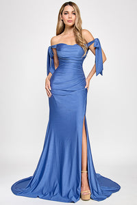 Wholesale Off-Shoulder Satin Mermaid Gown with Bow Tie Straps and Thigh-High Slit for Formal Events By LAF8358
