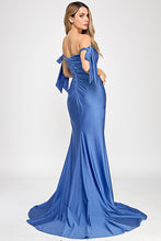Load image into Gallery viewer, Wholesale Off-Shoulder Satin Mermaid Gown with Bow Tie Straps and Thigh-High Slit for Formal Events By LAF8358
