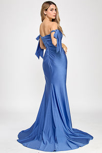 Wholesale Off-Shoulder Satin Mermaid Gown with Bow Tie Straps and Thigh-High Slit for Formal Events By LAF8358