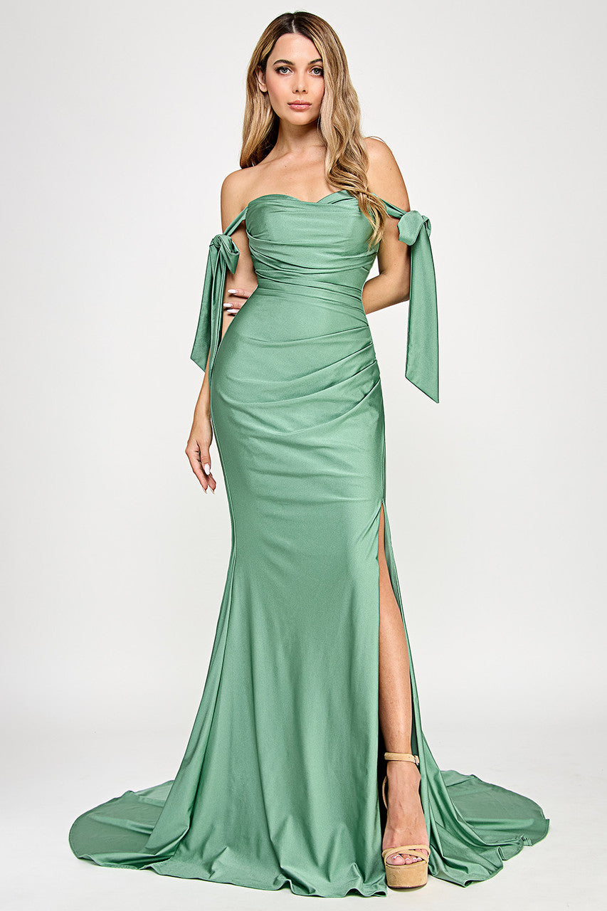 Wholesale Off-Shoulder Satin Mermaid Gown with Bow Tie Straps and Thigh-High Slit for Formal Events By LAF8358