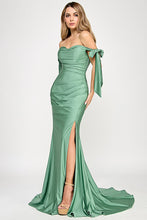 Load image into Gallery viewer, Wholesale Off-Shoulder Satin Mermaid Gown with Bow Tie Straps and Thigh-High Slit for Formal Events By LAF8358
