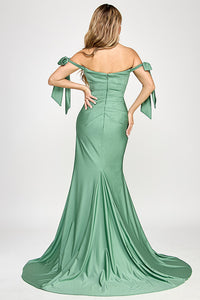 Wholesale Off-Shoulder Satin Mermaid Gown with Bow Tie Straps and Thigh-High Slit for Formal Events By LAF8358