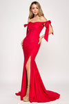 Load image into Gallery viewer, Wholesale Off-Shoulder Satin Mermaid Gown with Bow Tie Straps and Thigh-High Slit for Formal Events By LAF8358