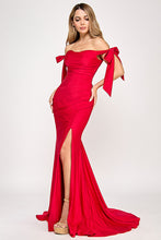 Load image into Gallery viewer, Wholesale Off-Shoulder Satin Mermaid Gown with Bow Tie Straps and Thigh-High Slit for Formal Events By LAF8358