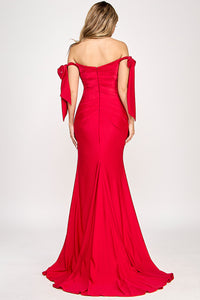 Wholesale Off-Shoulder Satin Mermaid Gown with Bow Tie Straps and Thigh-High Slit for Formal Events By LAF8358