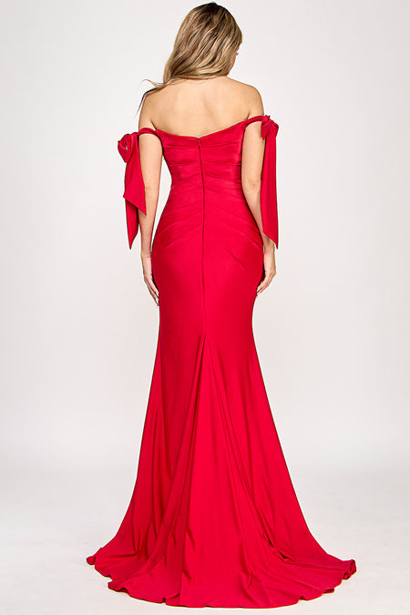 Wholesale Off-Shoulder Satin Mermaid Gown with Bow Tie Straps and Thigh-High Slit for Formal Events By LAF8358