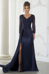 Load image into Gallery viewer, Wholesale Long Sleeve Lace Bodice Mother of the Bride Gown with Satin Skirt &amp; Slit Dress by LAF8366 - NAVY BLUE - Dress LAF