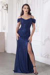 Load image into Gallery viewer, LAF8365 Wholesale Off-Shoulder Sequin Ruched Bodice High Slit Sweep Train Prom Evening Gown