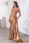Load image into Gallery viewer, LAF8397 Wholesale Off-Shoulder Satin Corset Prom Dress with Beaded Floral Appliqués &amp; High Slit