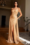 Load image into Gallery viewer, LAF8513 Wholesale Off-Shoulder Beaded Sheath Evening Gown with Detachable Train &amp; Side Slit - CHAMPAGNE - Long Prom Dress LAF