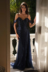 Load image into Gallery viewer, LAF8513 Wholesale Off-Shoulder Beaded Sheath Evening Gown with Detachable Train &amp; Side Slit - NAVY BLUE - Long Prom Dress LAF