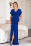 Load image into Gallery viewer, LAF8376 Wholesale Mother of the Bride Long Evening Gown with V-Neck Flutter Sleeves &amp; Slit