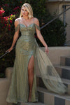 Load image into Gallery viewer, LAF8513 Wholesale Off-Shoulder Beaded Sheath Evening Gown with Detachable Train &amp; Side Slit - SAGE - Long Prom Dress LAF