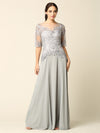 Load image into Gallery viewer, Wholesale Beaded Lace Evening Gown with Illusion Sleeves and Chiffon Skirt by LA Merchandise LAV5222 - Silver - Mother of the Bride Dress LAV