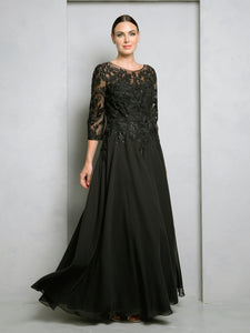LA Merchandise LAV5258 Lace 3/4 Sleeve A-Line Evening Gown with Chiffon Overlay Mother of the Bride Dress