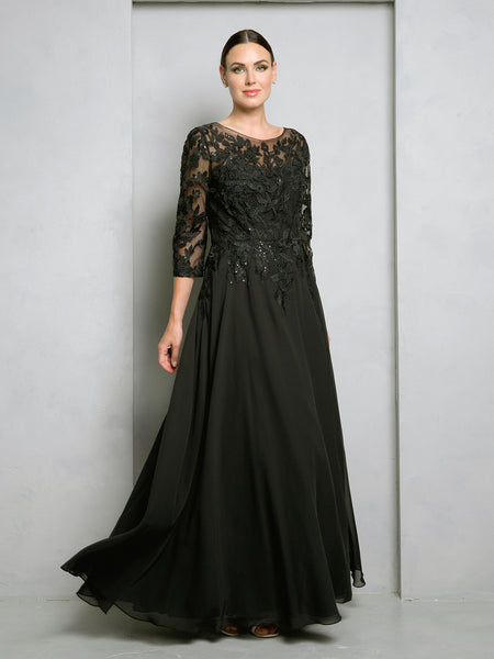 LA Merchandise LAV5258 Lace 3/4 Sleeve A-Line Evening Gown with Chiffon Overlay Mother of the Bride Dress