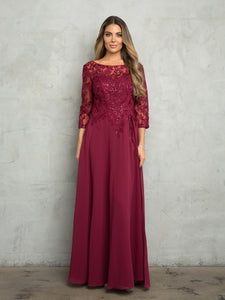 LA Merchandise LAV5258 Lace 3/4 Sleeve A-Line Evening Gown with Chiffon Overlay Mother of the Bride Dress