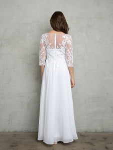 LA Merchandise LAV5258 Elegant Lace Bodice A-Line Gown with 3/4 Sheer Sleeves