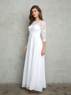 LA Merchandise LAV5258 Elegant Lace Bodice A-Line Gown with 3/4 Sheer Sleeves