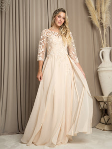 LA Merchandise LAV5258 Lace 3/4 Sleeve A-Line Evening Gown with Chiffon Overlay Mother of the Bride Dress