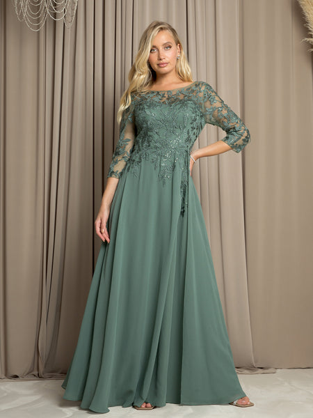 LA Merchandise LAV5258 Lace 3/4 Sleeve A-Line Evening Gown with Chiffon Overlay Mother of the Bride Dress