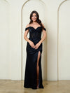 Load image into Gallery viewer, Wholesale Off-Shoulder Sweetheart Lace Appliqué Illusion Corset Sheath Evening Gown by LAV5307