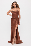 Load image into Gallery viewer, Wholesale Sweetheart Beaded Corset Fitted Evening Gown in Stretch Satin with Slit by LAV5310 - BROWN - Long Prom Dress LAV