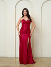 Load image into Gallery viewer, Wholesale Sweetheart Beaded Corset Fitted Evening Gown in Stretch Satin with Slit by LAV5310 - DARK RED - Long Prom Dress LAV